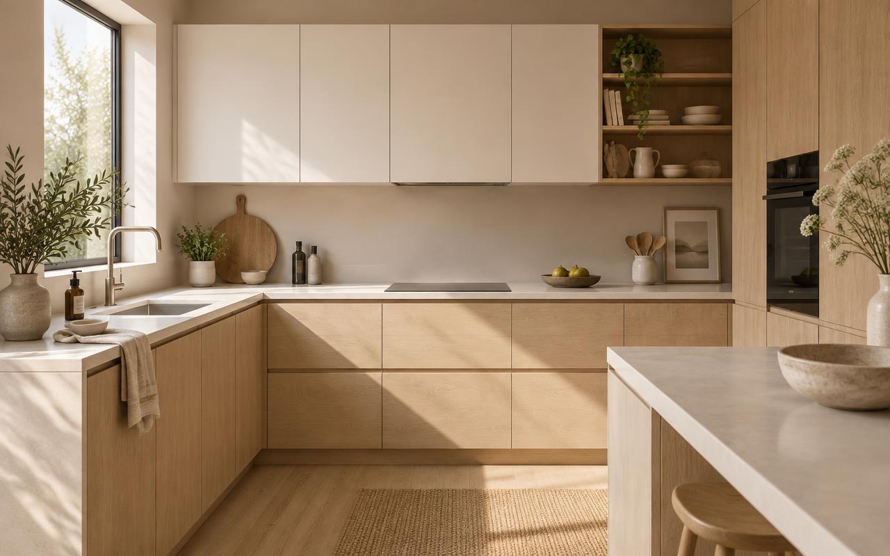 Light oak and warm white fitted kitchen with pale stone worktop in morning light