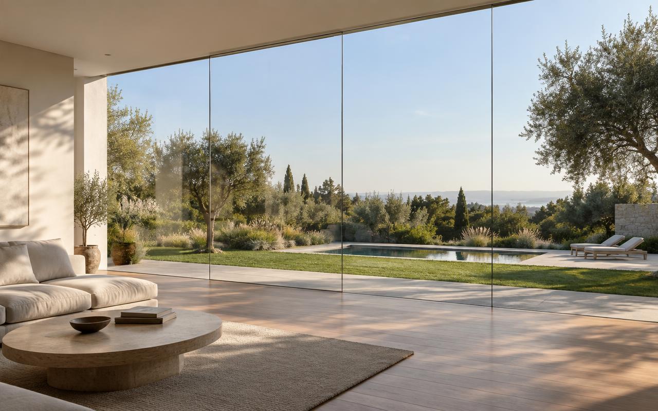 Frameless floor-to-ceiling glass wall opening a living room onto a garden