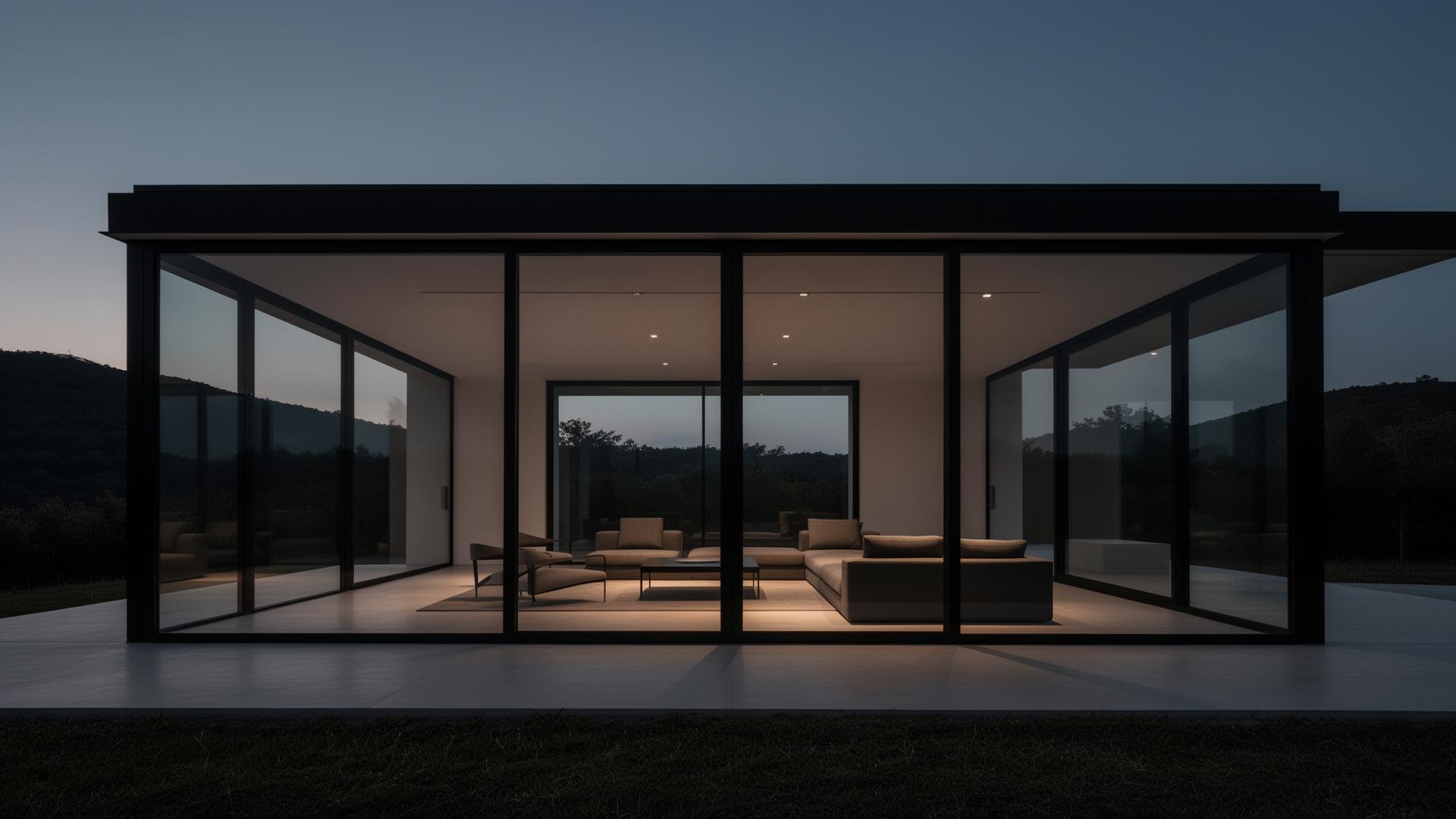 Modern glass villa with large glass panes at twilight